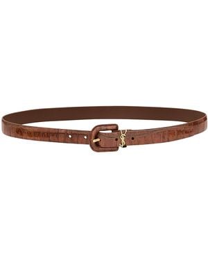 Saint Laurent Cassandre Croc-effect Leather Belt - Brown