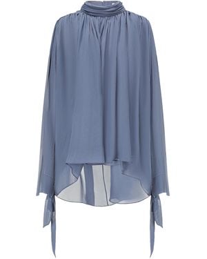 Into The East Turtleneck Batwing Sleeve Silk Top - Blue