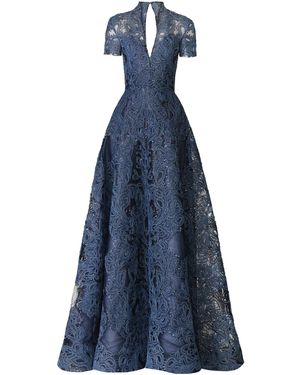 Naeem Khan Raffia V-Neck Cap Sleeve Gown - Blue