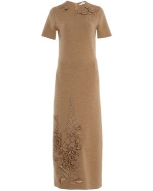 Oscar de la Renta Foxglove-Embroidered Wool Midi Dress - Natural
