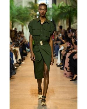Elie Saab Belted Gabardine Midi Skirt - Green