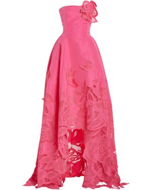 Oscar de la Renta Strapless Threadwork Cut Out Roses Hi Low Gown - Pink