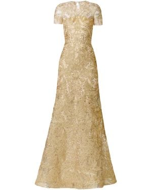 Naeem Khan Metallic Raffia Cap Sleeve Fit-And-Flare Gown - Natural