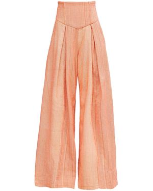 Kilentar Exclusive Temi Corset-Waist Woven Cotton Wide-Leg Trousers - Orange