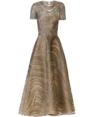 Naeem Khan Short Sleeve Sequin Metallic Cording Cocktail Dress - Natural