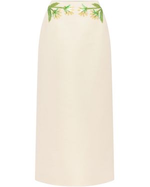 LEO LIN Quinn Floral-Embellished Mid-Rise Wool-Silk Midi Skirt - Natural