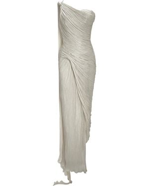 Marmar Halim Pleated Asymmetric Silk-Chiffon Gown - White