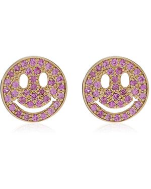 Sydney Evan Happy Face 14k Yellow Gold Sapphire Earrings - Pink