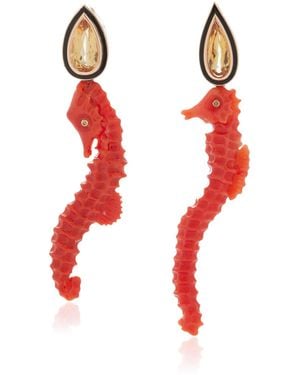Dezso by Sara Beltran 18K Rose Carved Coral Seahorse With Pear Beryl Earrings - Red