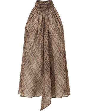 Into The East Plaid Ombre Ribbon Silk Top - Brown