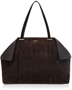 Ferragamo Scarf Large Suede Tote Bag - Black