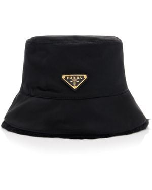 Prada Reversible Nylon, Shearling Bucket Hat - Black