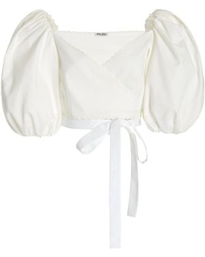 Miu Miu Puff-sleeve Cotton Pique Cropped Wrap Top - White