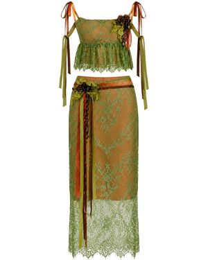 Salma Osman Exclusive Floral Lace And Column Skirt Set - Green