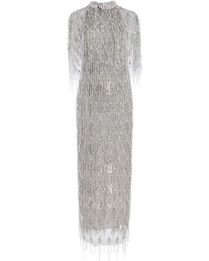 Monique Lhuillier Embroidered Fringe Midi Dress With Outerwear Let - Grey