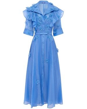 LEO LIN Anya Petal-Embellished Linen-Silk Button-Up Midi Dress - Blue