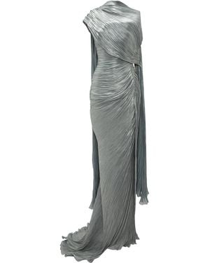 Marmar Halim Pleated Silk Cape Maxi Dress - Grey