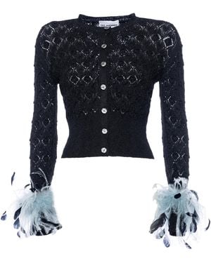 DES_PHEMMES Feather-Trimmed Pointelle-Knit Cardigan - Black