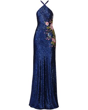 Naeem Khan Halter Stretch Sequin Gown With Floral Applique - Blue