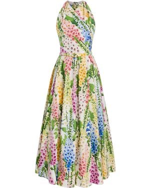 Oscar de la Renta Foxglove-Printed Cotton-Poplin Midi Halter Dress - White