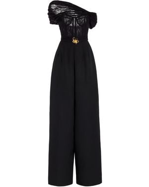 Oscar de la Renta Lace-Trimmed Grain De Poudre Wool Jumpsuit - Black