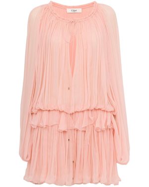 Chloé Tiered Organic Silk Mousseline Mini Dress - Pink