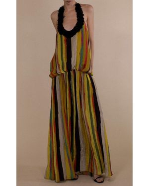 Christopher John Rogers Encrusted Wheatpaste Stripe Blouson Halter Gown - Natural