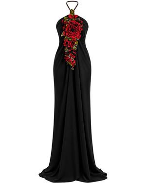 Salma Osman Exclusive Floral Appliqué Halter Column Gown - Black