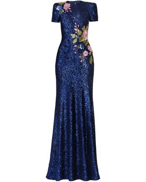 Naeem Khan Stretch Sequin Cap Sleeve Gown With Floral Applique - Blue