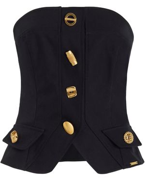 Franchise Exclusive Bijou Buttoned Cotton Gabardine Strapless Vest - Blue