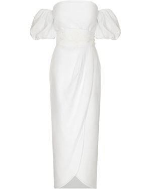 ANDRES OTALORA Una Historia Belted Linen Off-the-shoulder Midi Dress - White