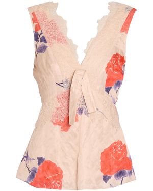 Erdem Floral V-Neck Crushed Fluid Satin Top - Pink