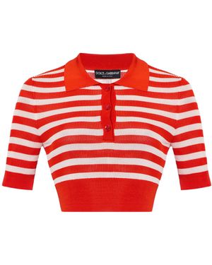 Dolce & Gabbana Striped Ribbed-Knit Cropped Polo Shirt - Red