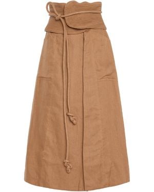 ANDRES OTALORA Sintiendo Mucho Belted Linen Midi Skirt - Natural