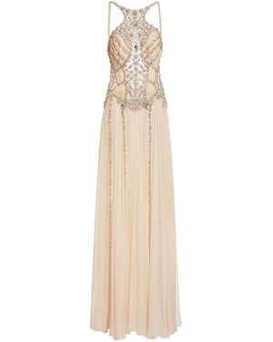 Zuhair Murad Silk Chiffon Beaded Halter Maxi Dress - Natural