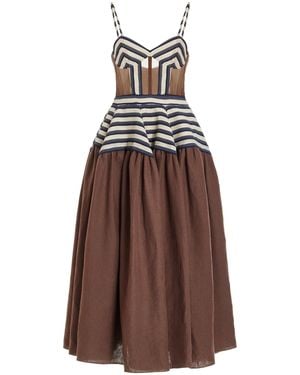 Rosie Assoulin Golden Afternoon Striped Linen Midi Dress - Brown
