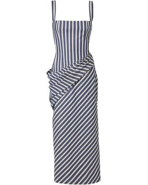 Carolina Herrera Draped Cotton Denim-Stripe Midi Dress - Blue