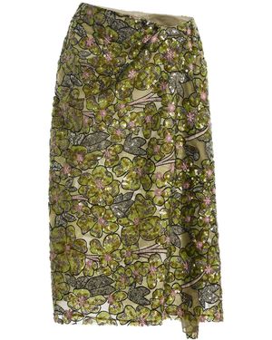 Atelier Prabal Gurung Floral Sequin Embroidered Tulle Hand-Draped Sari Overlay Skirt - Green