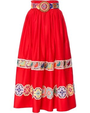 Lena Hoschek Paradise Cotton Embroidered A-Line Midi Skirt With Waistbelt