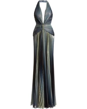 Zuhair Murad Printed Lame Plisse V-Neck Long Dress - Blue