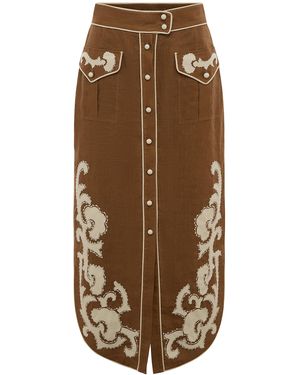 ALÉMAIS Ruby Applique Linen Midi Skirt - Brown