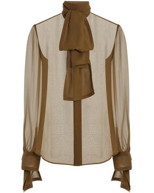 Saint Laurent Silk Mousseline Blouse With Tie Cuffs - Natural