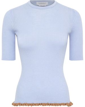 Gabriela Hearst Mireya Lace-Trimmed Ribbed Wool-Silk Top - Blue