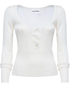 DES_PHEMMES Henley Ribbed Knit Top - White
