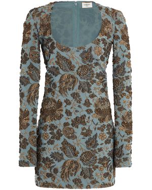 Saint Laurent Floral Stretch-Brocade Mini Dress - Grey