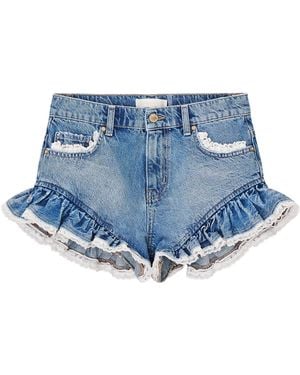 LoveShackFancy Azalure Ruffled Denim Mini Shorts - Blue