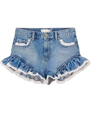 LoveShackFancy Azalure Ruffled Denim Mini Shorts - Blue