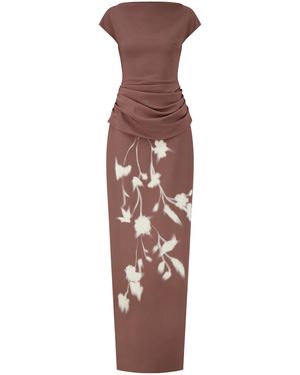 Lela Rose Floral Crepe Boat Neck Gown - Grey