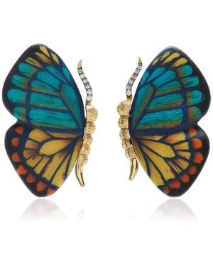 Silvia Furmanovich Mini Butterfly 18k Yellow Gold Marquetry Wood Earrings - Blue