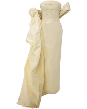 Marmar Halim Strapless Taffeta Maxi Dress With Cape - Natural